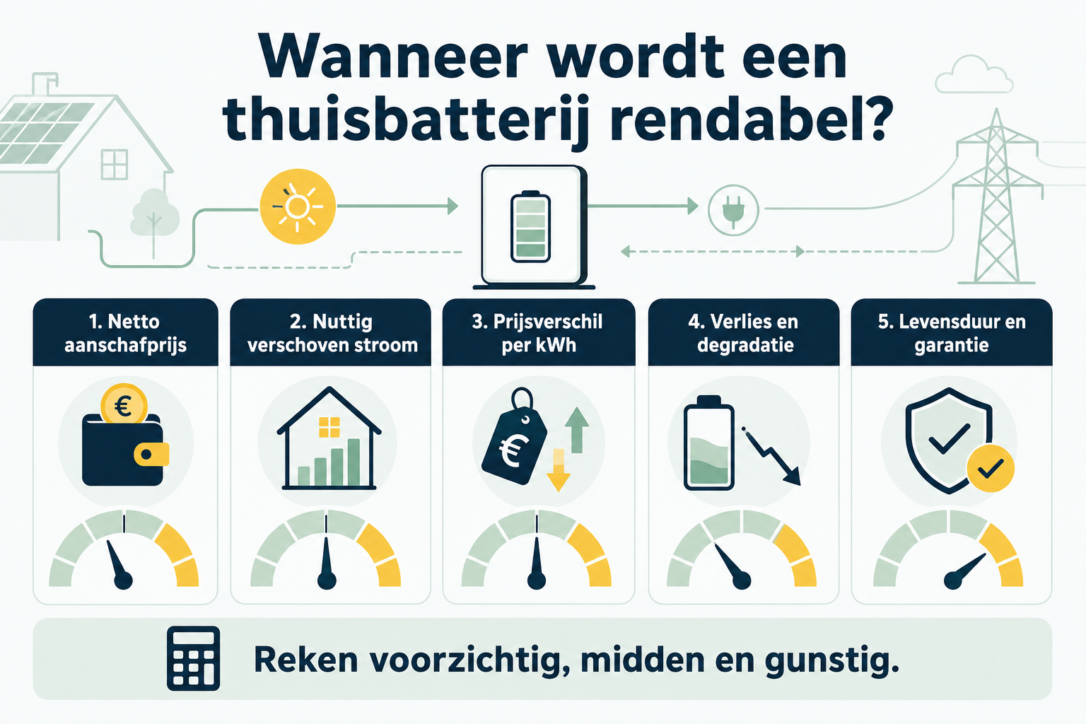 Infographic met vijf factoren voor het rendement van een thuisbatterij: aanschafprijs, verschoven stroom, prijsverschil, degradatie en levensduur