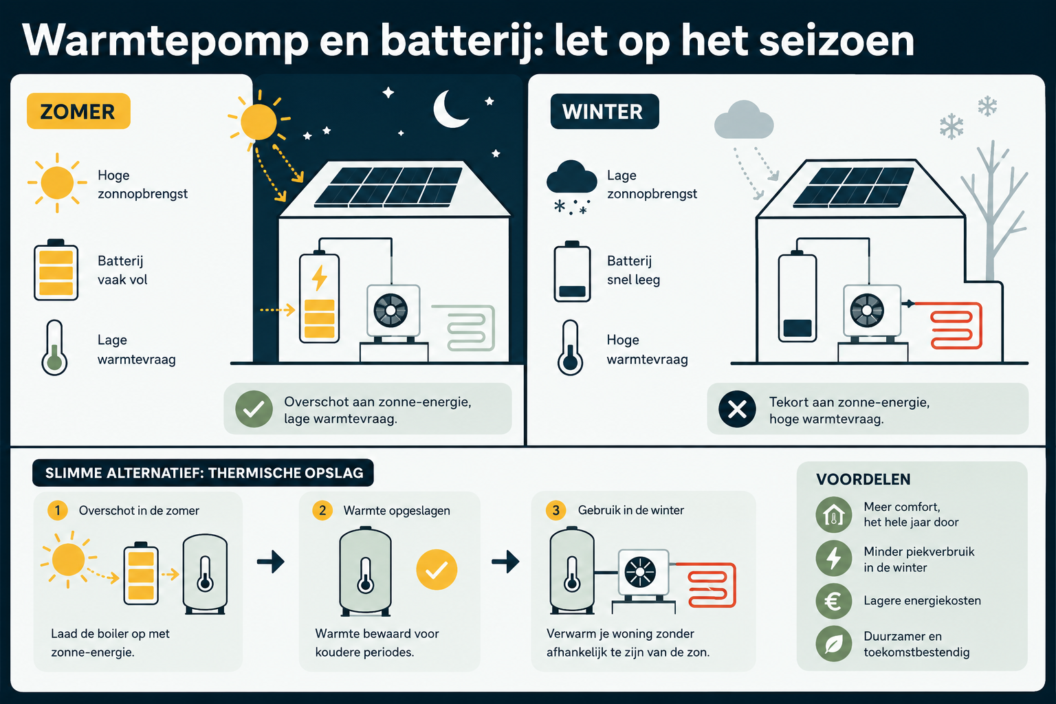 Seizoensverschil tussen zonneproductie en stroomvraag van een warmtepomp