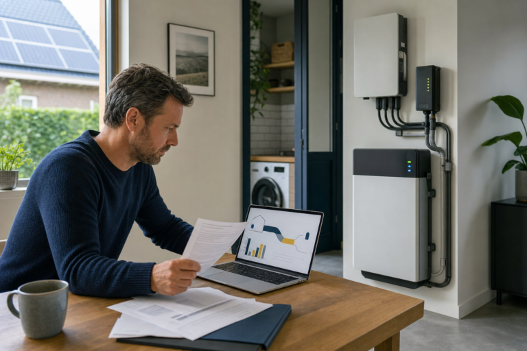 Huiseigenaar controleert factuur, dynamisch energiecontract, EMS-gegevens en KOR-status voor btw-teruggave op een thuisbatterij