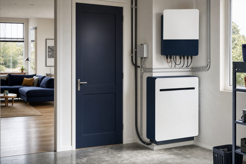 Thuisbatterij met omvormer in een afgesloten technische ruimte, met subtiele aanduiding van ventilatorgeluid