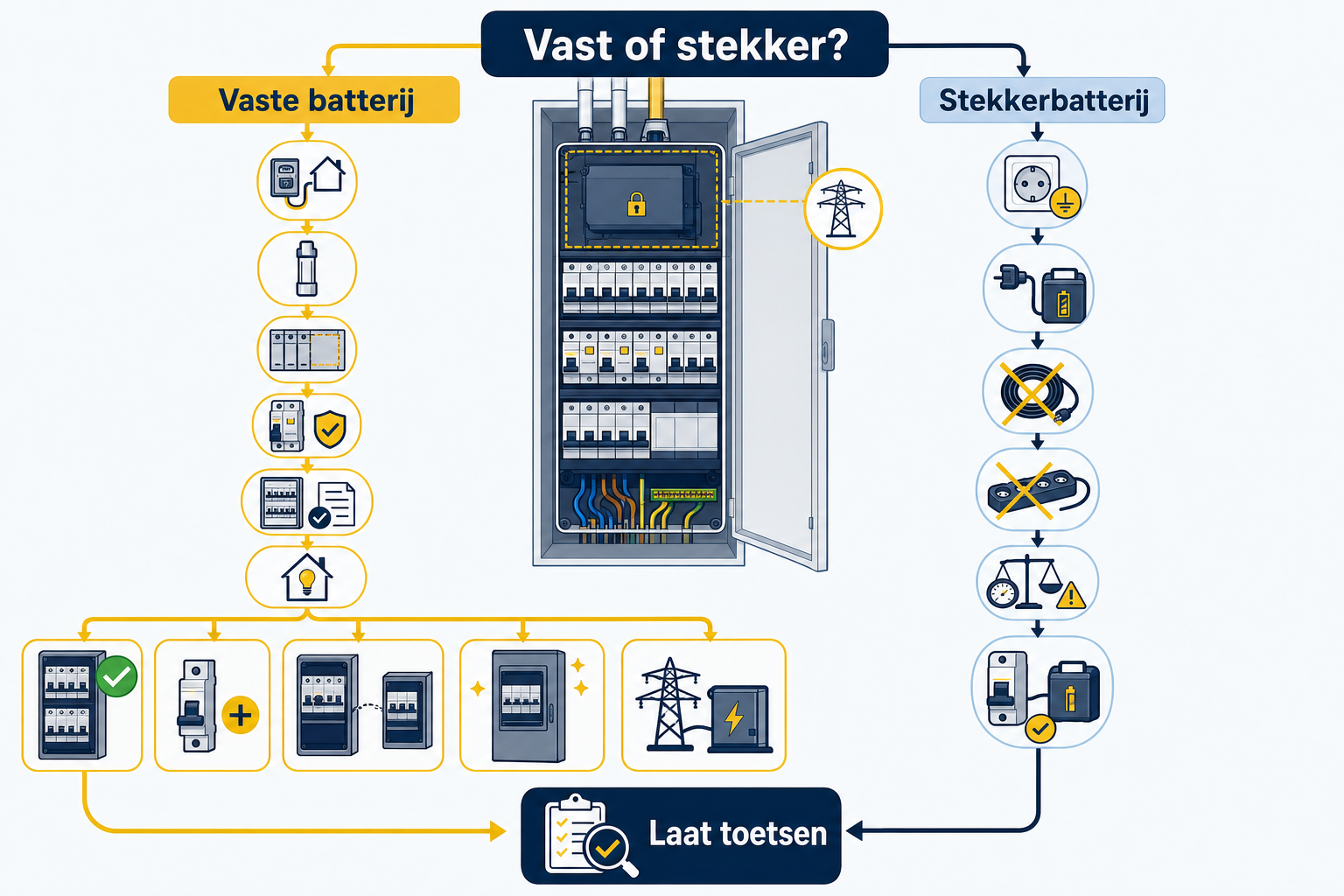 Beslisroute voor het controleren en eventueel aanpassen van je meterkast vóór plaatsing van een thuisbatterij.