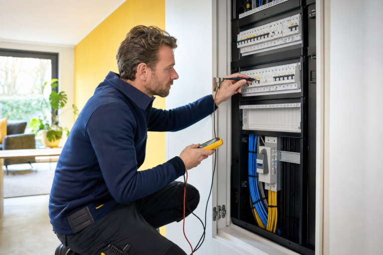 Installateur controleert de groepenkast voor aansluiting van een thuisbatterij