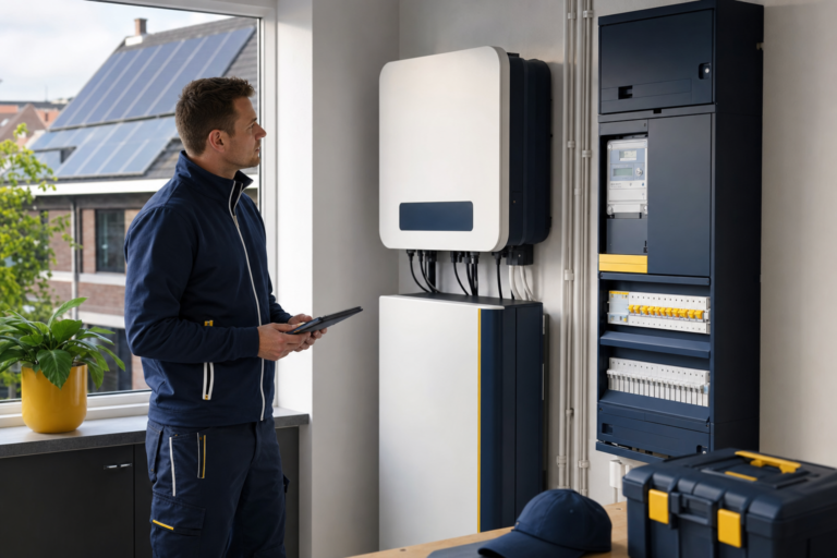 Installateur controleert een bestaande PV-omvormer en meterkast voor aansluiting van een thuisbatterij