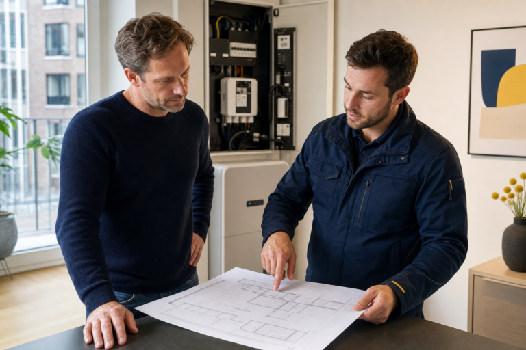 Appartementseigenaar en installateur controleren de splitsingstekening voor plaatsing van een thuisbatterij