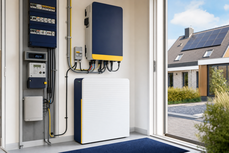Thuisbatterij die zonnestroom opneemt terwijl de omvormer een hoge netspanning meet