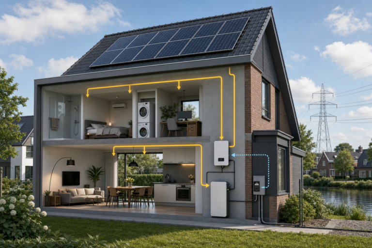 Schema van zonnepanelen, thuisbatterij, energiemeter en regelbare omvormer voor nulteruglevering